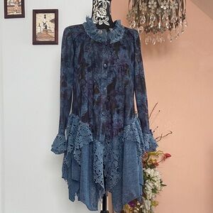 Blue Tie-Dye Button-Up top with Lace Trim